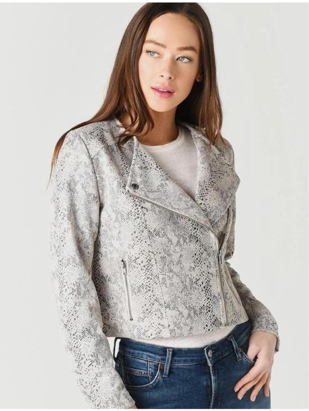 cupcakes and cashmere Y2K Snake Print Faux Leather Jacket Gray Medium Bikercore